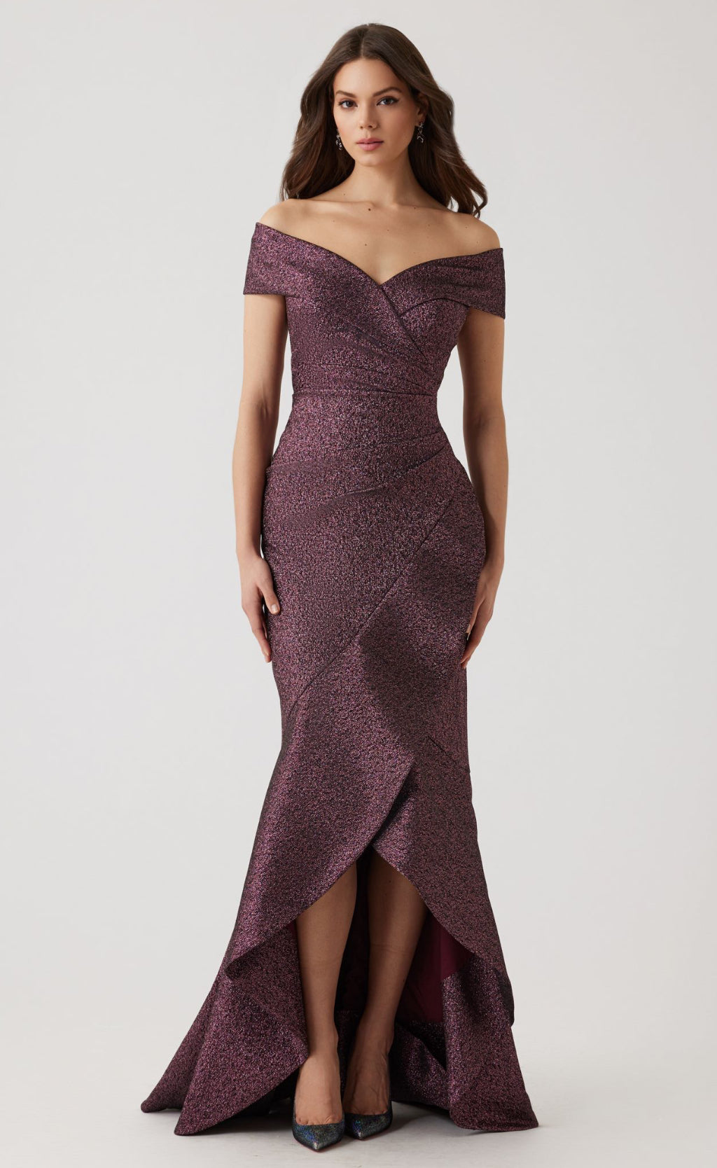 Metallic Jacquard Ruffle High Low Off The Shoulder Gown