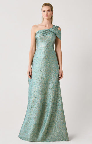 Metallic Jacquard Asymmetrical One Shoulder Evening Gown