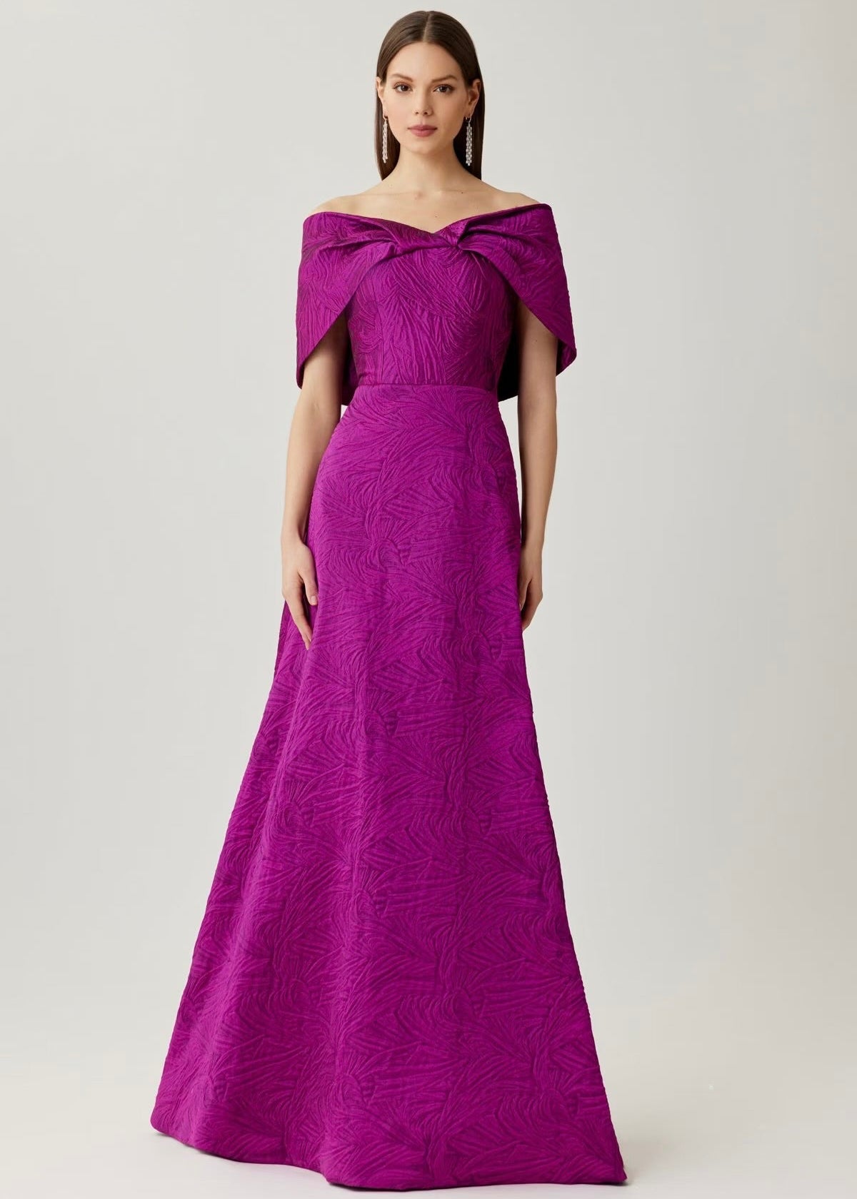 Jacquard Off The Shoulder Gown With Back Bow