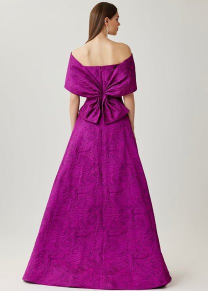 Jacquard Off The Shoulder Gown With Back Bow