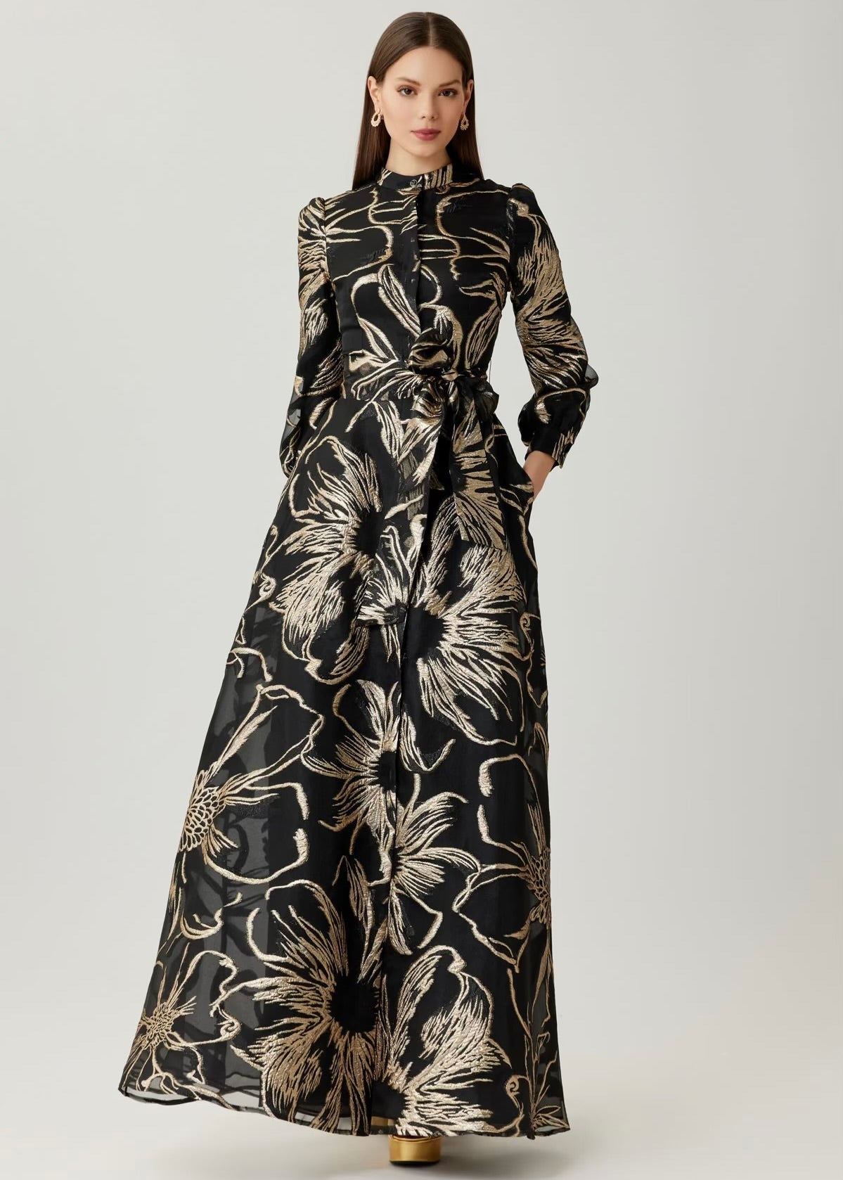 Metallic Foil Organza Shirt Waist Gown