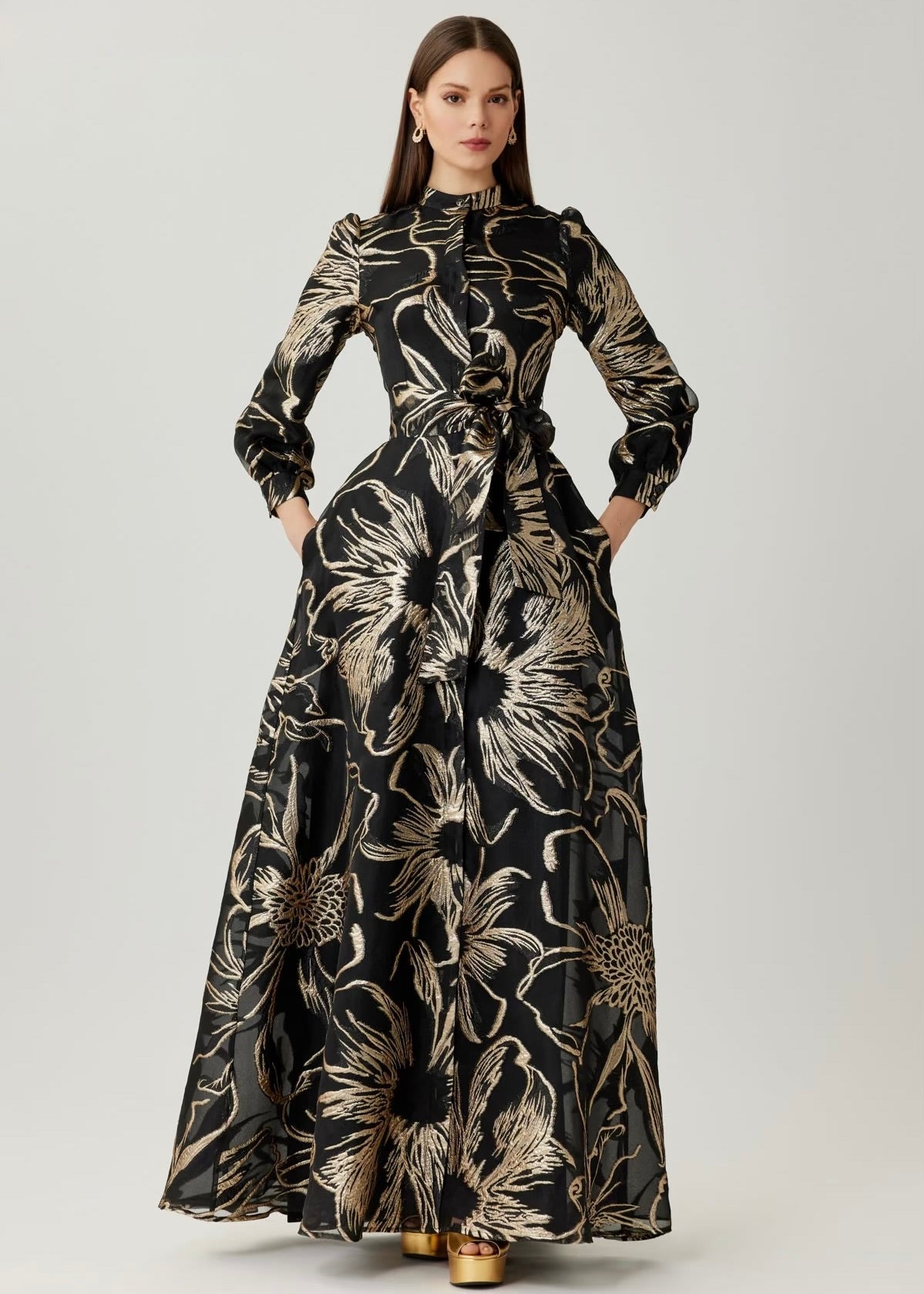 Metallic Foil Organza Shirt Waist Gown
