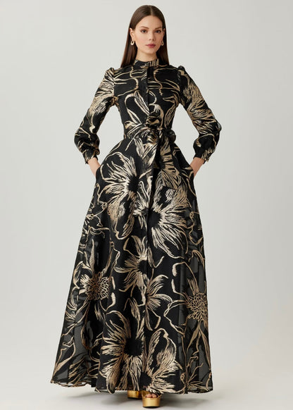 Metallic Foil Organza Shirt Waist Gown