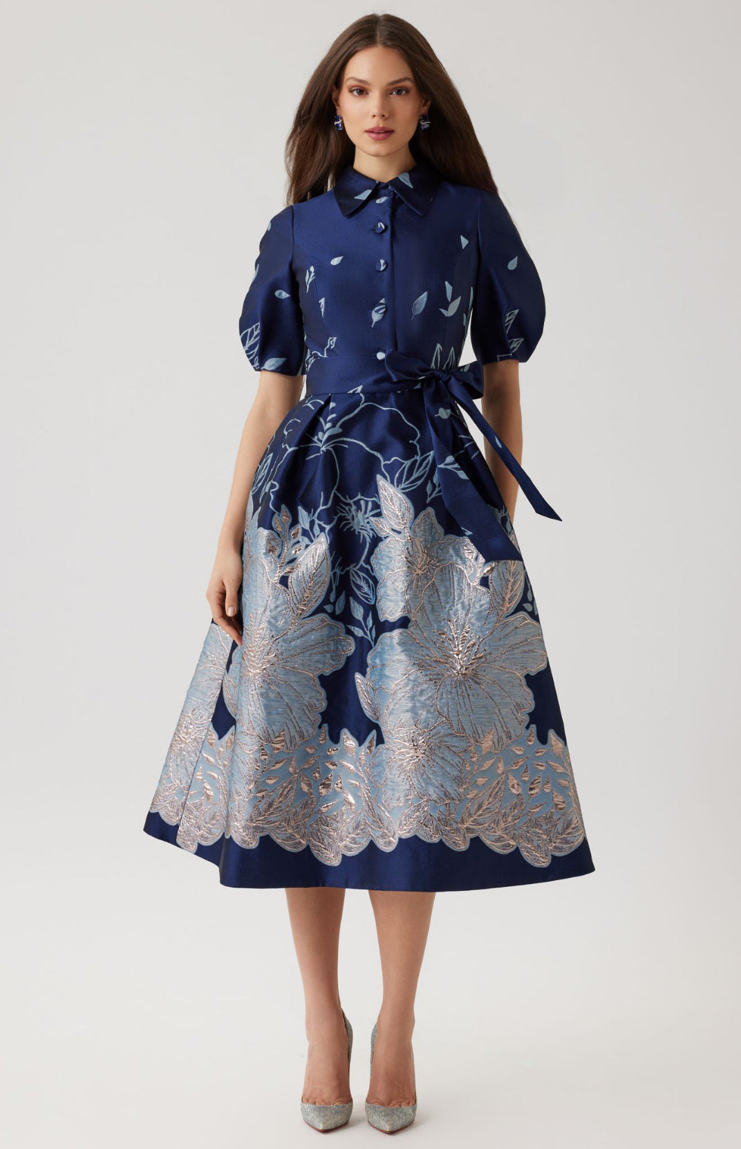 Metallic Jacquard Floral Puff Sleeve Dress