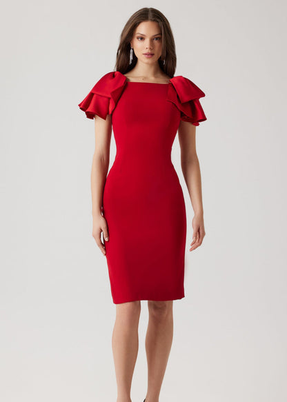 Crepe Boat Neck Satin Ruffle Shoulder Dress