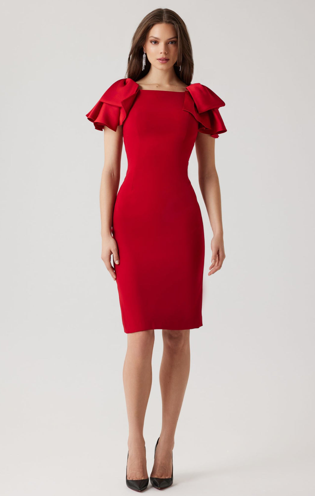 Crepe Boat Neck Satin Ruffle Shoulder Dress