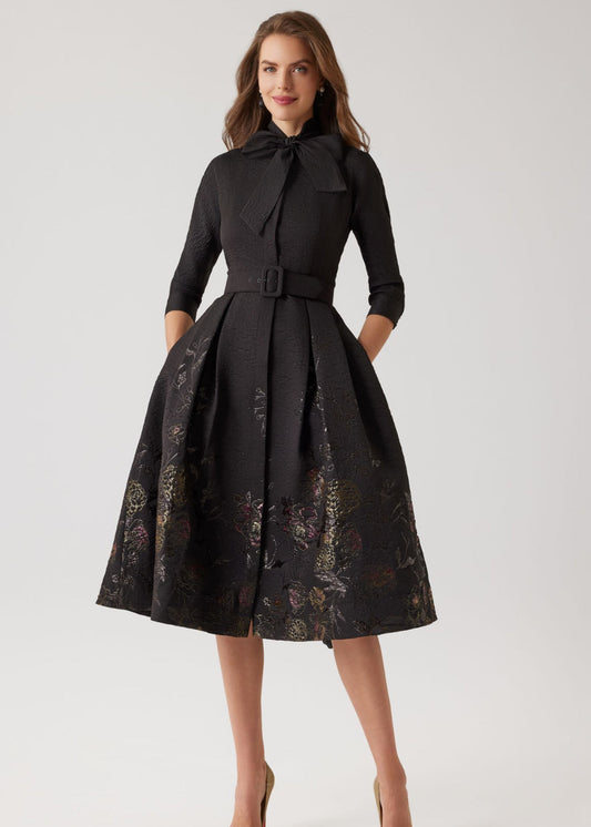 Textured Metallic Jacquard Floral Bow Neck Dress