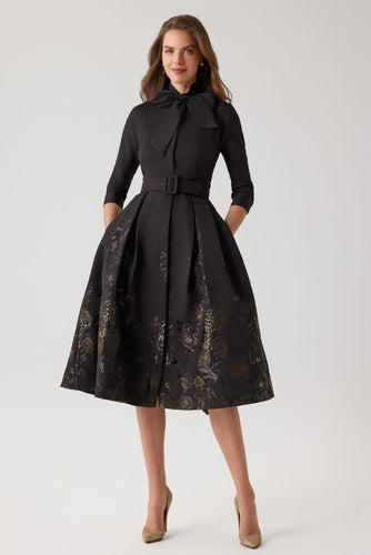 Textured Metallic Jacquard Floral Bow Neck Dress