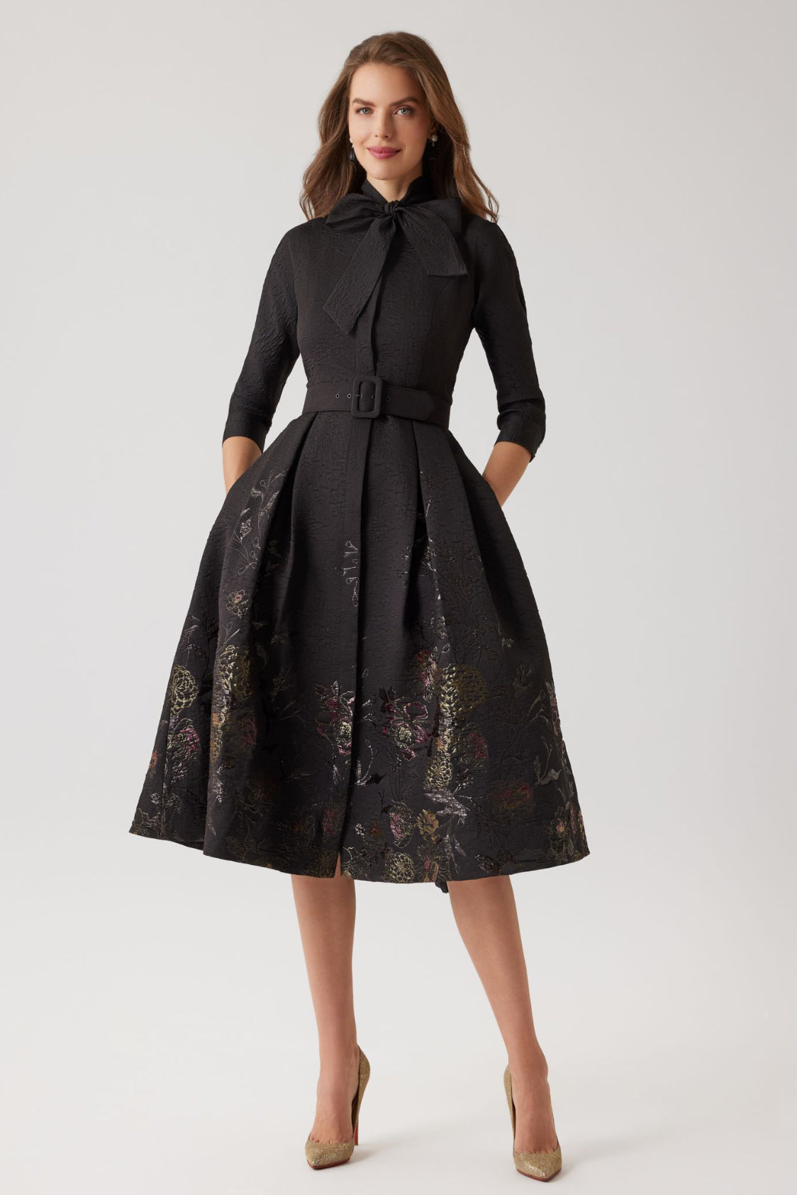 Textured Metallic Jacquard Floral Bow Neck Dress