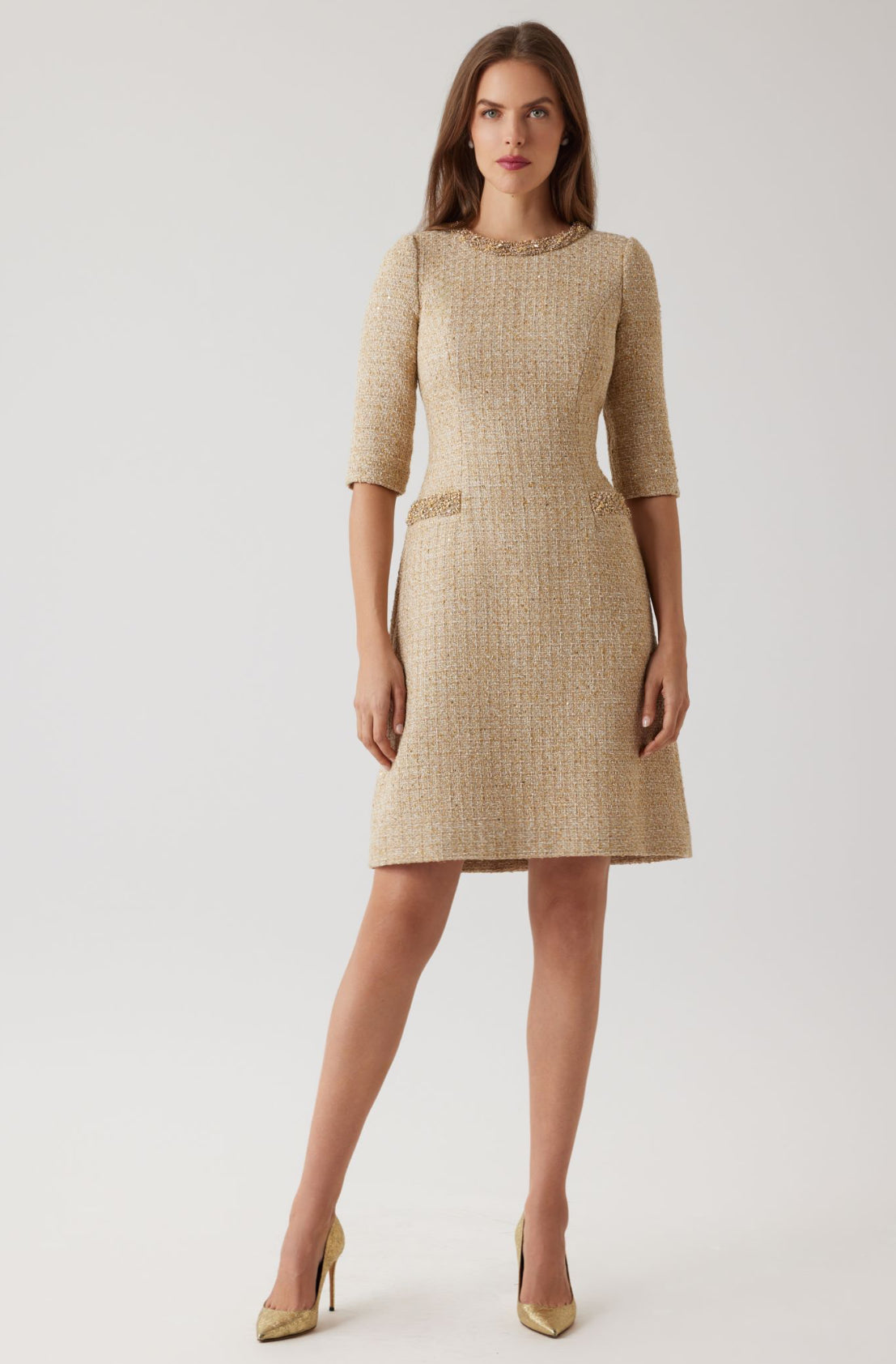 Metallic Boucle Elbow Sleeve Jewel Trim Dress