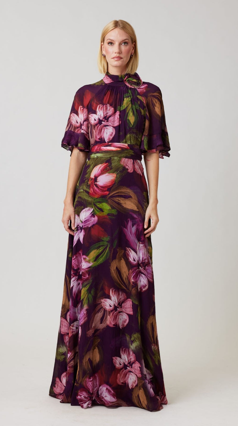 Chiffon Floral Flutter Sleeve Maxi Gown