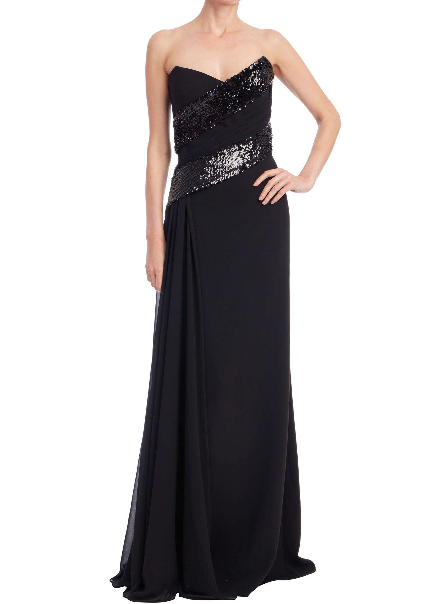 Strapless Sequin Drape Gown