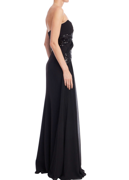 Strapless Sequin Drape Gown