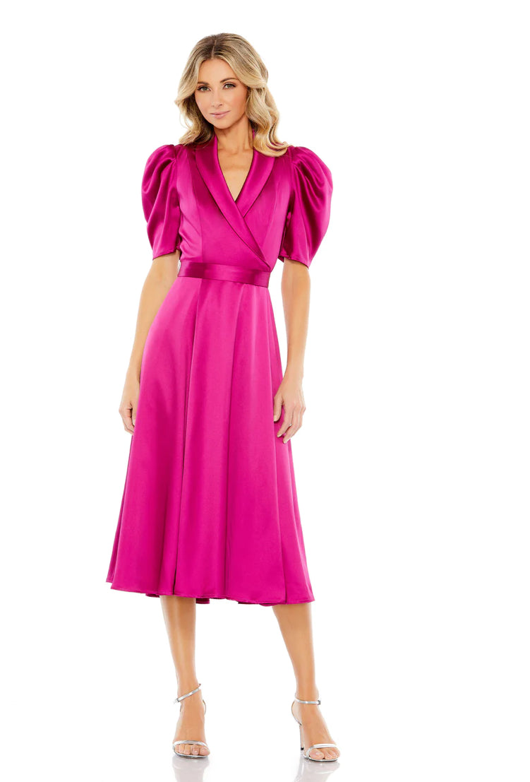 Satin Lapel Puff Sleeve Tea Length Dress