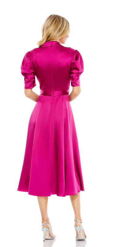 Satin Lapel Puff Sleeve Tea Length Dress