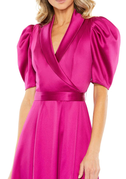 Satin Lapel Puff Sleeve Tea Length Dress