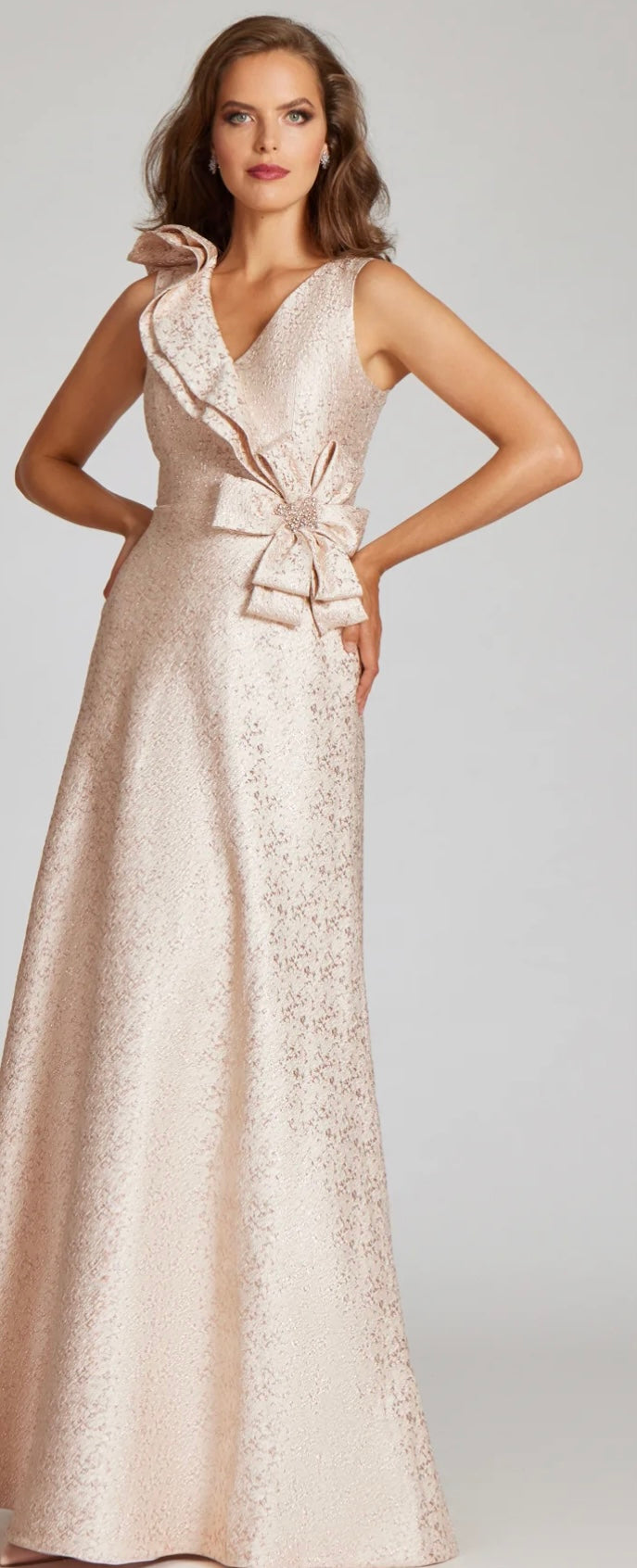 Metallic Jacquard Asymmetrical Ruffle Gown