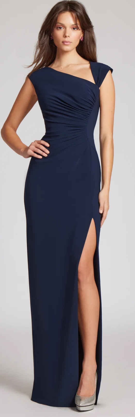 Crepe Asymmetrical Neck Rouched Bodice Gown
