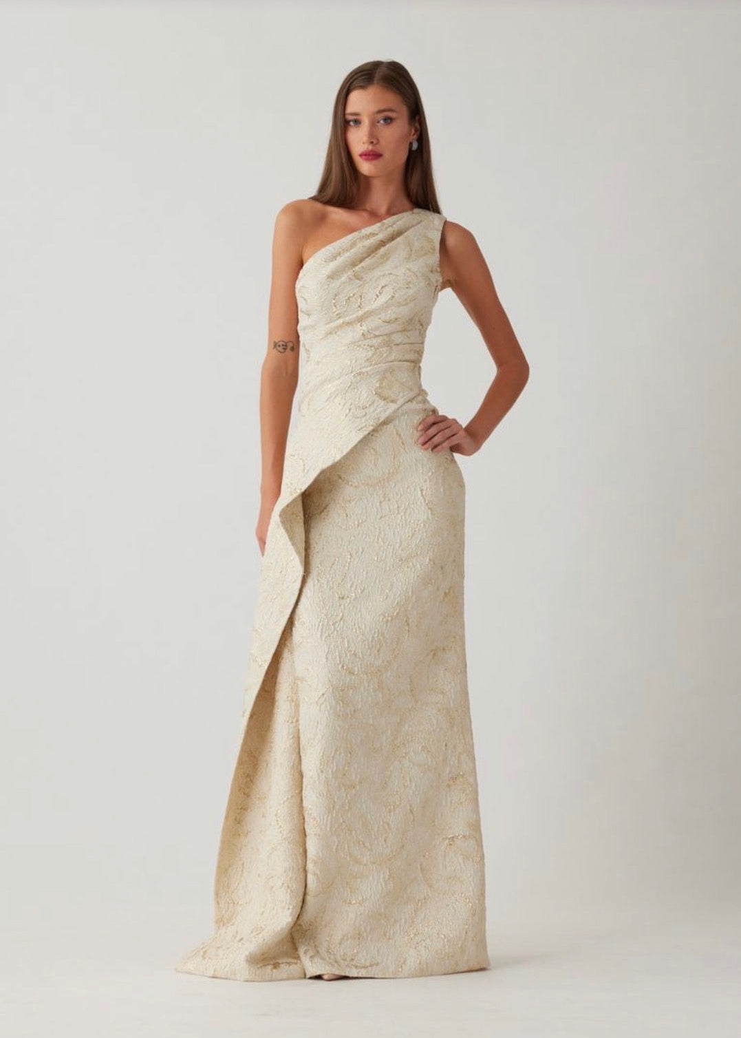 Metallic Jacquard One Shoulder Side Drape Asymmetrical Peplum Gown