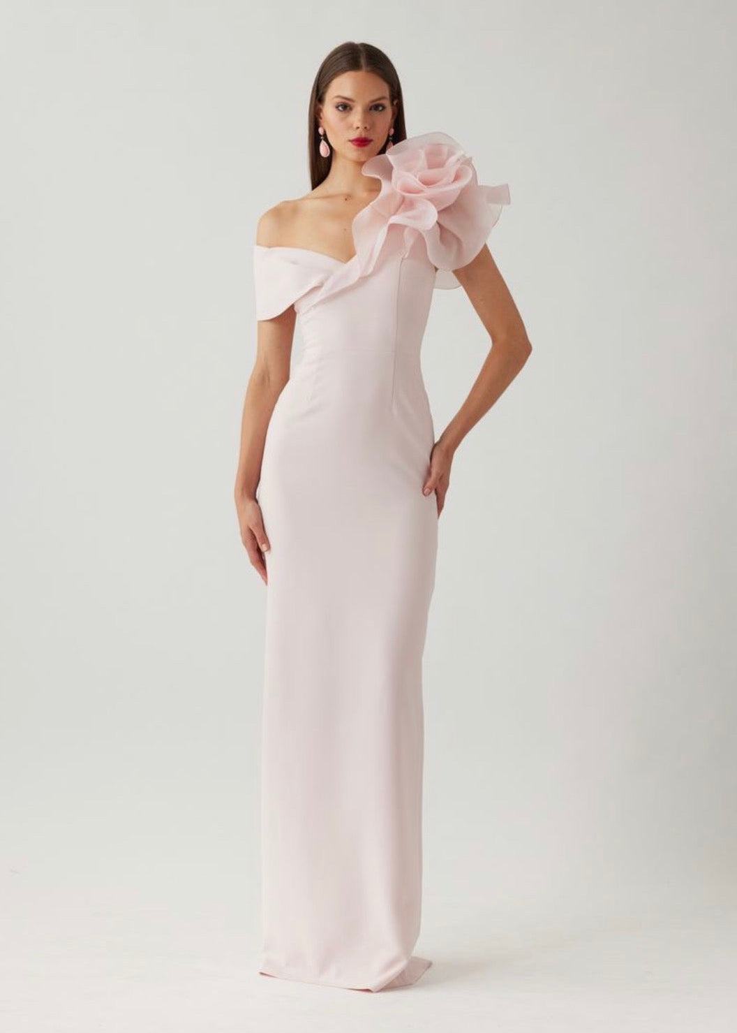 Crepe Asymmetrical Off Shoulder with Organza Ruffle Trim Column Gown