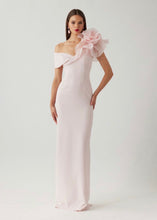 Load image into Gallery viewer, Crepe Asymmetrical Off Shoulder with Organza Ruffle Trim Column Gown