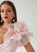 Load image into Gallery viewer, Crepe Asymmetrical Off Shoulder with Organza Ruffle Trim Column Gown