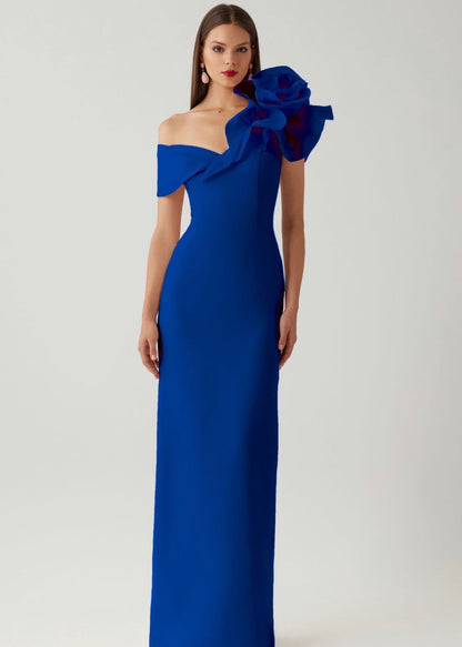 Crepe Asymmetrical Off Shoulder with Organza Ruffle Trim Column Gown
