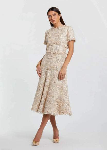 Beige Boucle Short Sleeve A Line Midi Dress