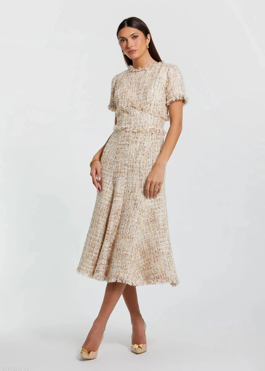 Beige Boucle Short Sleeve A Line Midi Dress