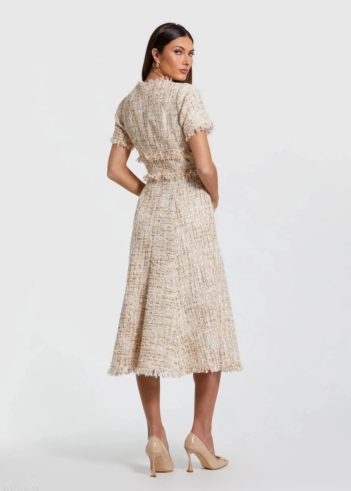 Beige Boucle Short Sleeve A Line Midi Dress