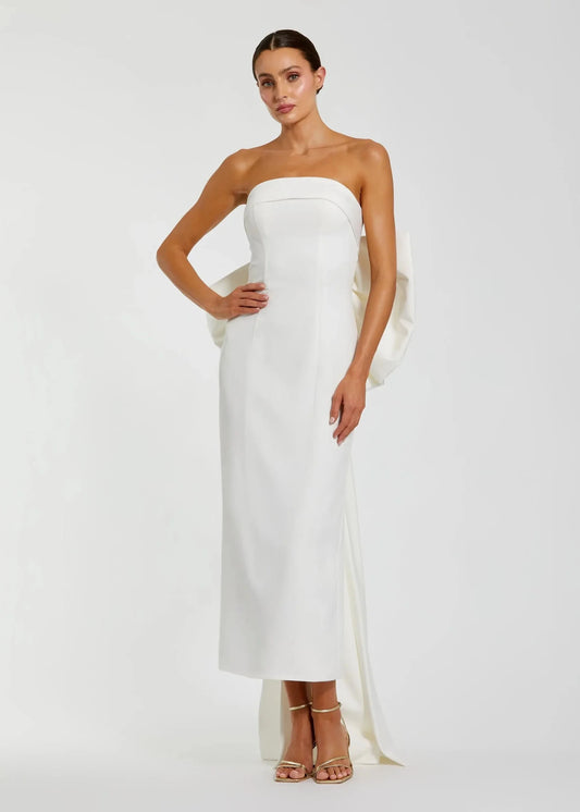 White Strapless Crepe Sheath Dress with Bow