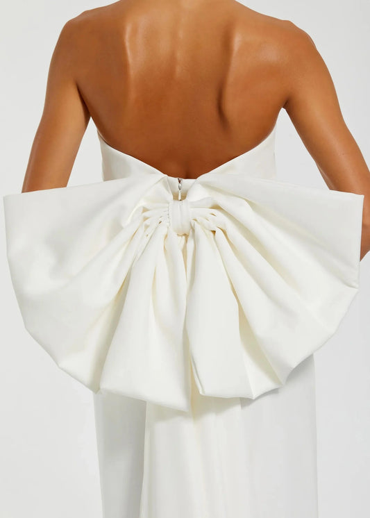 White Strapless Crepe Sheath Dress with Bow