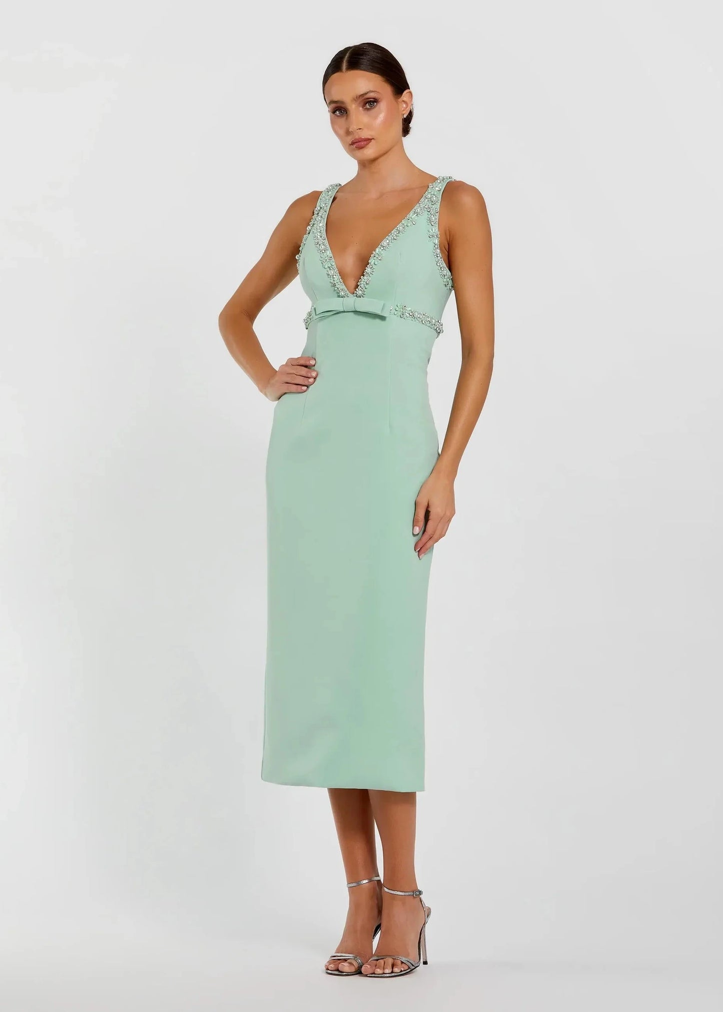 Crepe Fitted Midi Dress with Bow and Beaded Trim