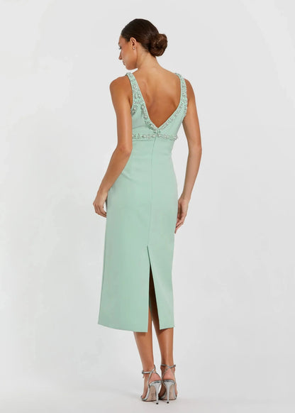 Crepe Fitted Midi Dress with Bow and Beaded Trim