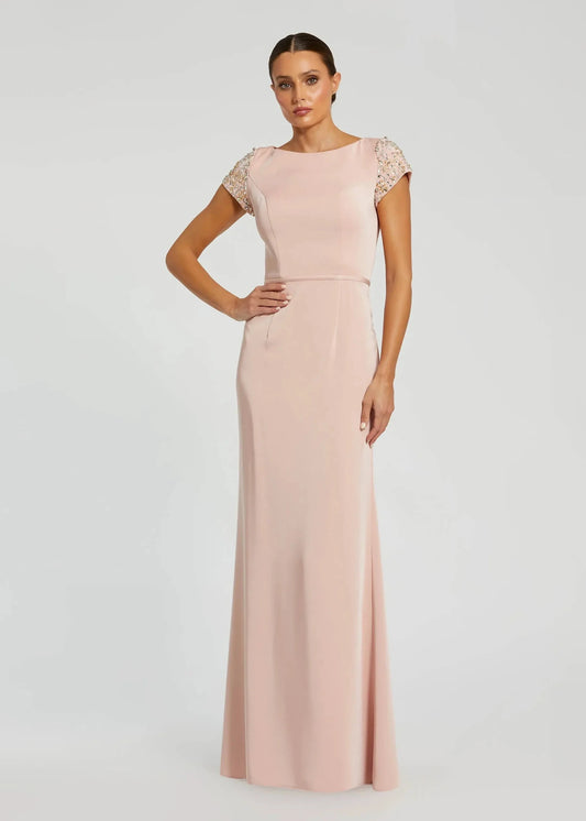 Light Pink Beaded Cap Sleeve Satin Column Gown
