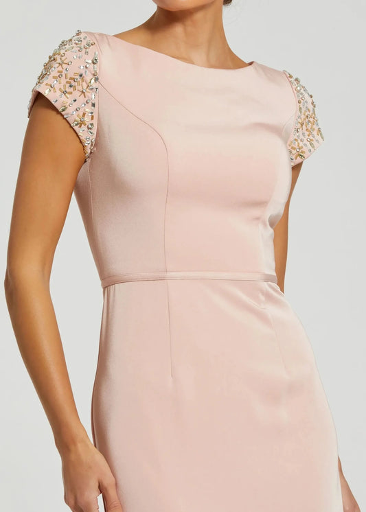 Light Pink Beaded Cap Sleeve Satin Column Gown