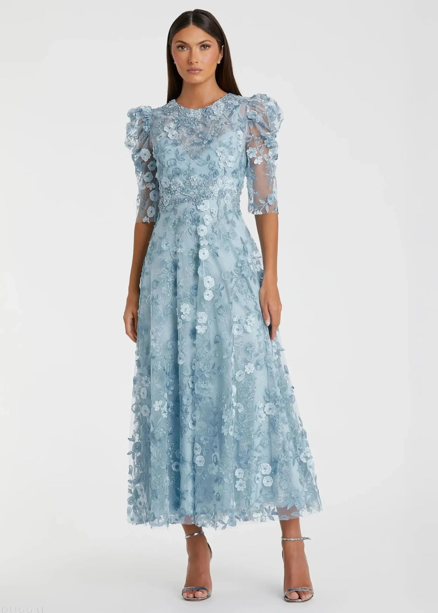 Blue Appliqué High Neck Puff Sleeve A Line Dress