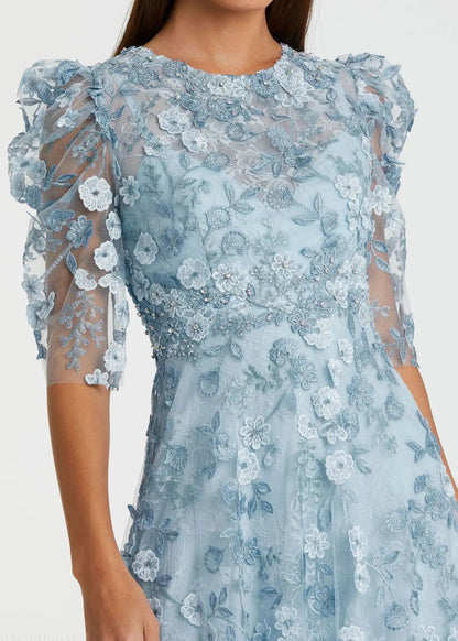 Blue Appliqué High Neck Puff Sleeve A Line Dress