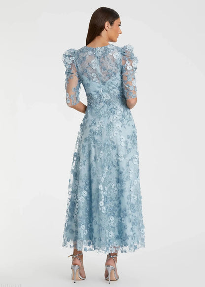 Blue Appliqué High Neck Puff Sleeve A Line Dress