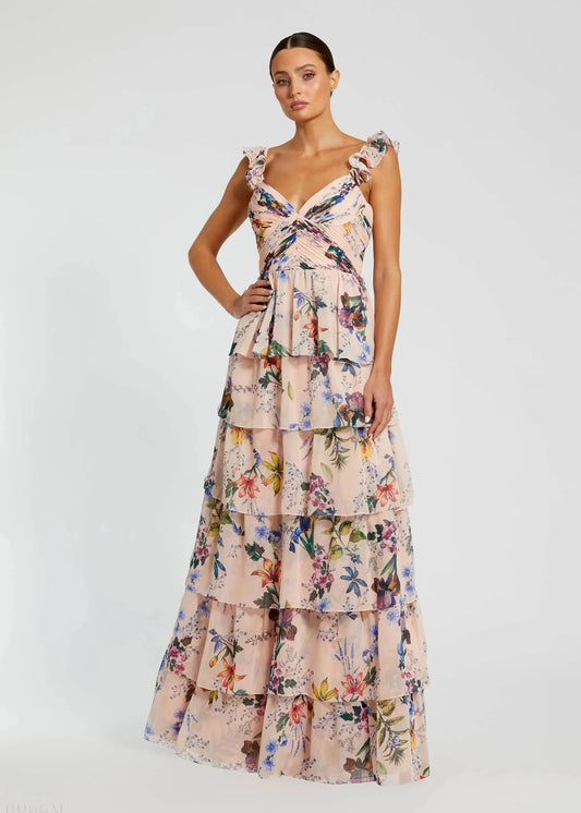 Pink Ruffle Sleeveless Chiffon Tiered Floral Print Gown