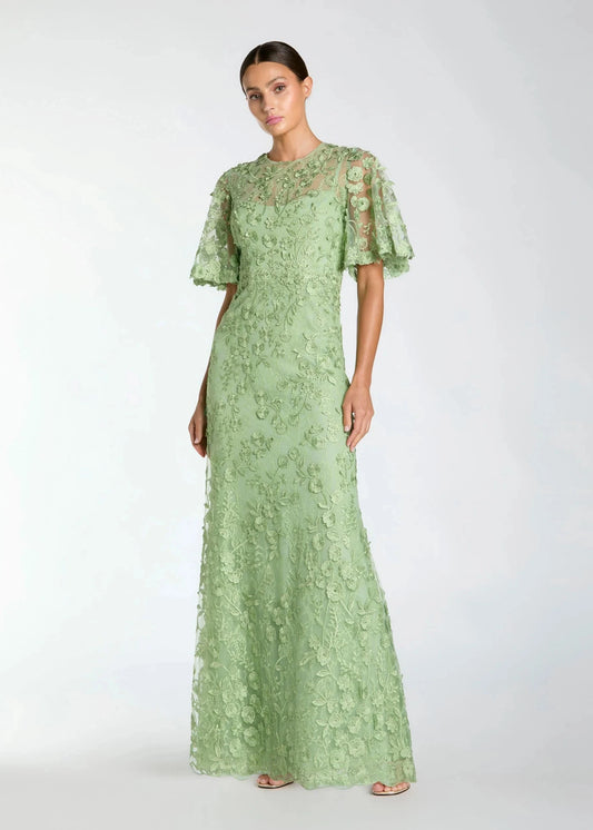 Flutter Sleeve Floral Embroidered Net Gown