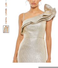 Load image into Gallery viewer, Metallic Asymmetrical Ruffle Shoulder Dress