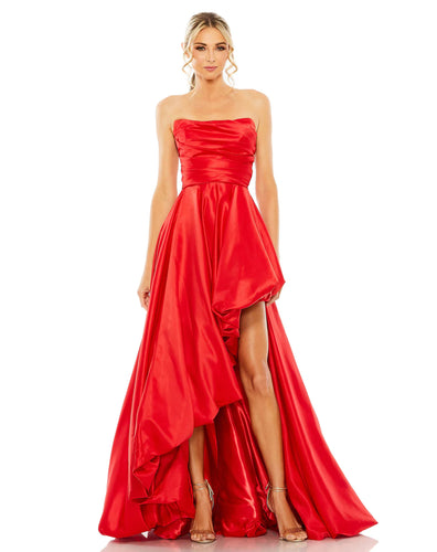 ASYMMETRICAL HIGH LOW STRAPLESS ROUCHED GOWN