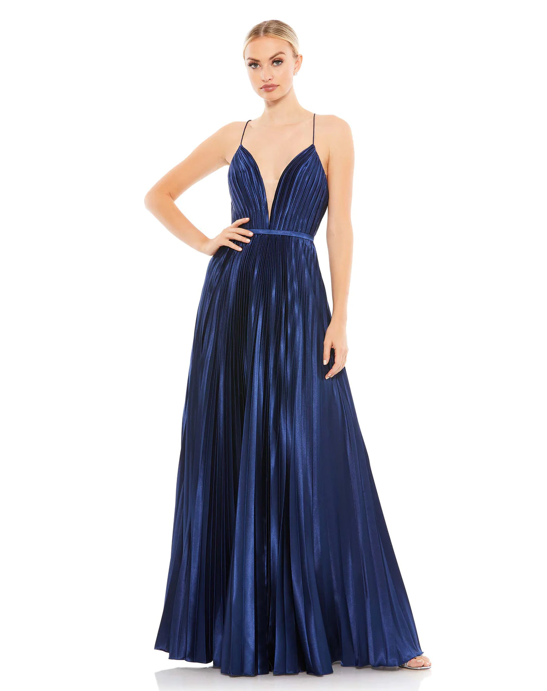 PLUNGE NECK PLEATED EVENING GOWN
