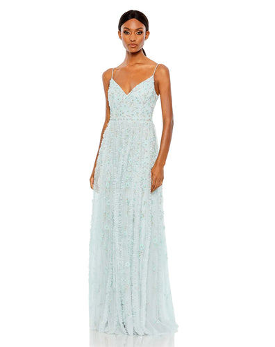 EMBELLISHED RUFFLED SPAGHETTI STRAP A LINE GOWN