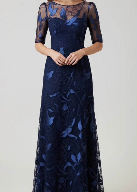 Embroidered Tulle Elbow Sleeve A Line Gown