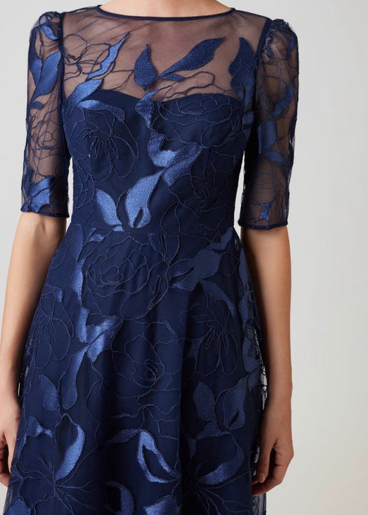 Embroidered Tulle Elbow Sleeve A Line Gown