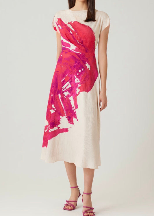 Crinkle Rayon Cap Sleeve Placement Print Dress