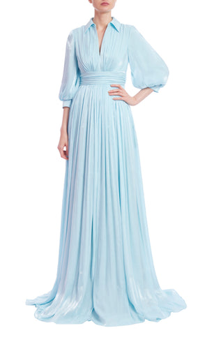 Pleated Chiffon Gown with Bishop Sleeves