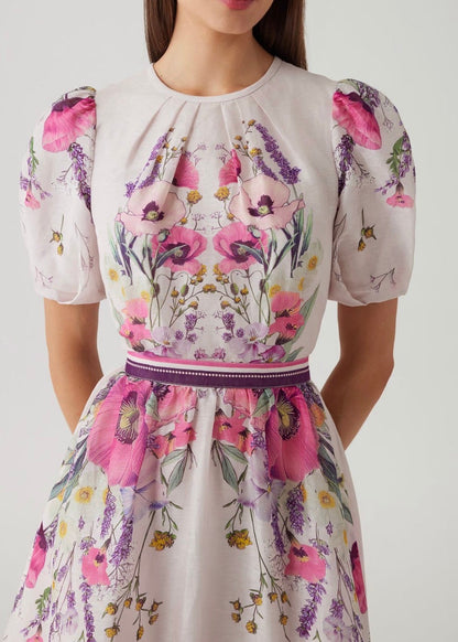 Silk Linen Puff Sleeve Placement Print Dress